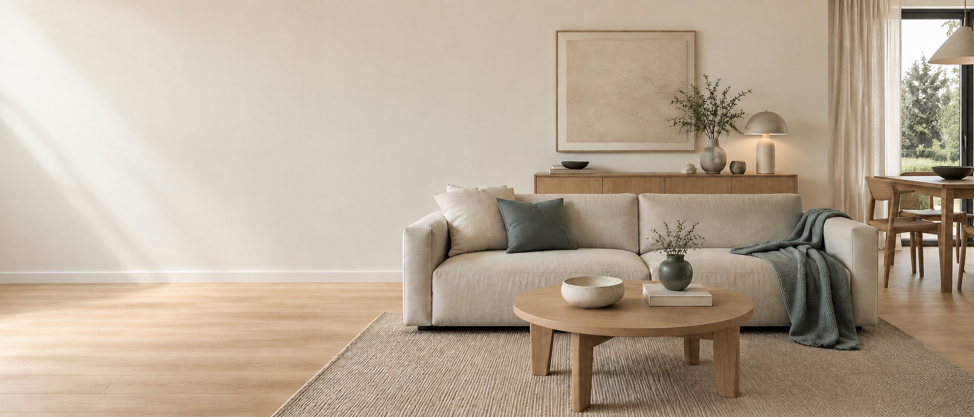 Soft daylight in a naturally styled neutral living room