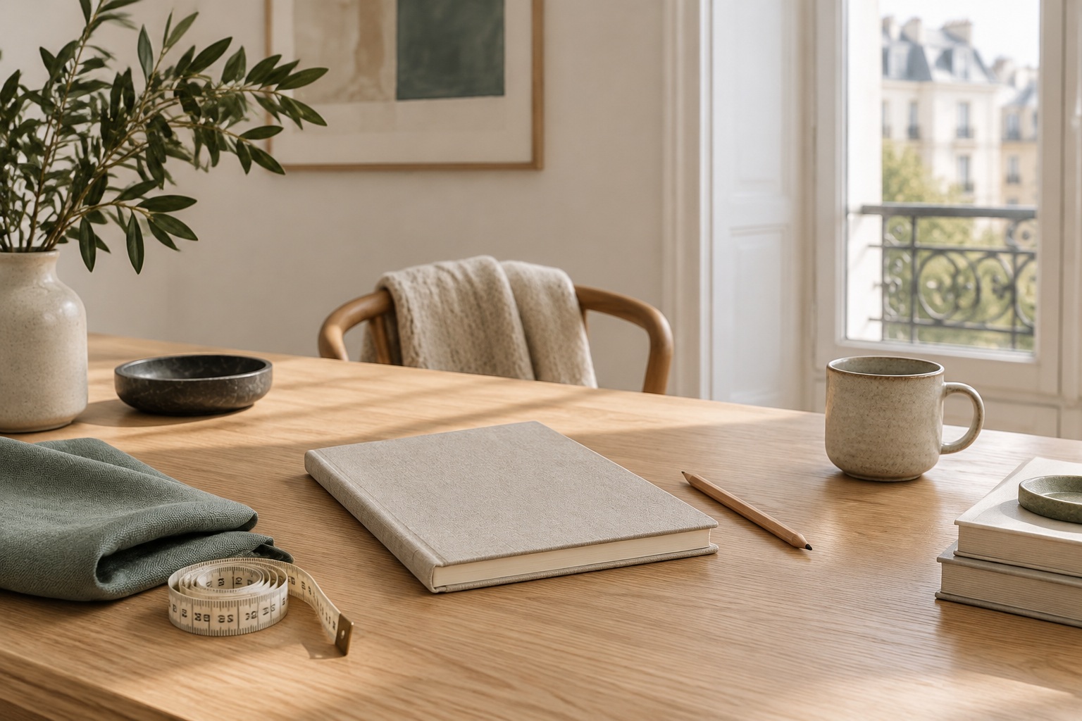An airy desk with measuring tools and linen samples